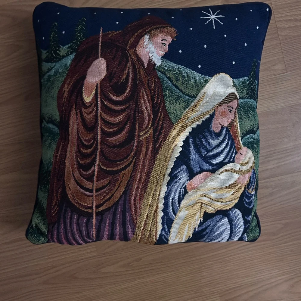 Holiday Nativity Decorative Pillow Cover - Blue, Brown, Gold